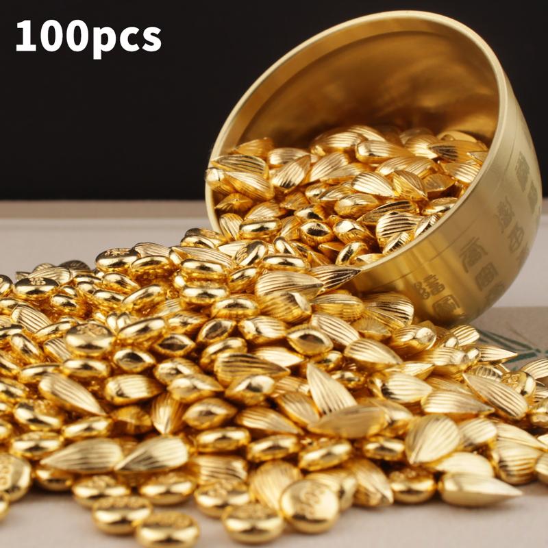 100Pcs Mini Gold Feng Shui Ornaments Wealth Fortune Attracting Gold Ingots Melon Seeds for Holiday Gifts