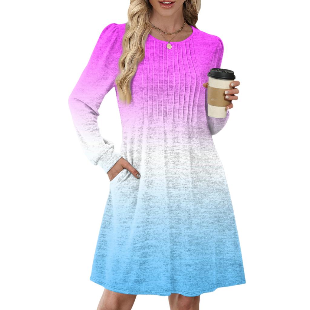 Женское повседневное платье с длинным рукавом, плиссировкой, круглым вырезом, градиентным принтом и карманами
