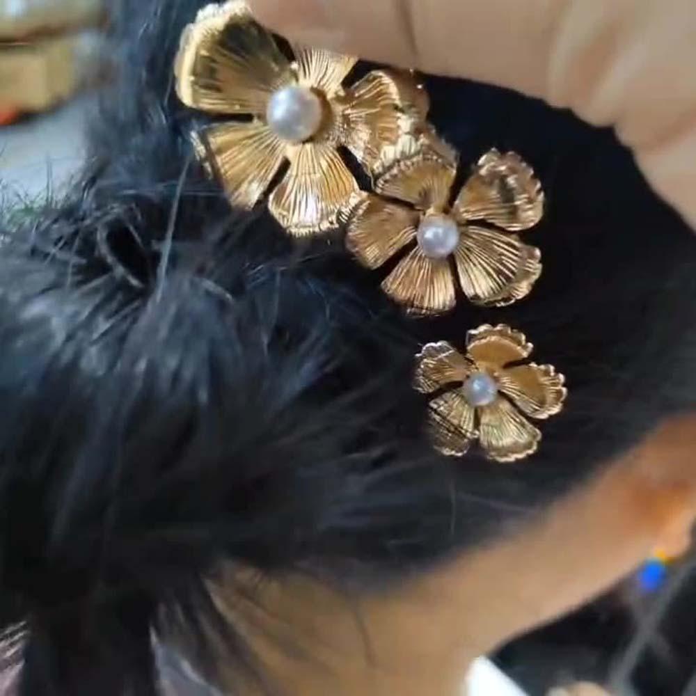 5pcs Retro Golden Flower Hair Forks Elegant Wave Zinc Zinc Alloy Barrettes Hair Clips Pearl Side Clips Bride