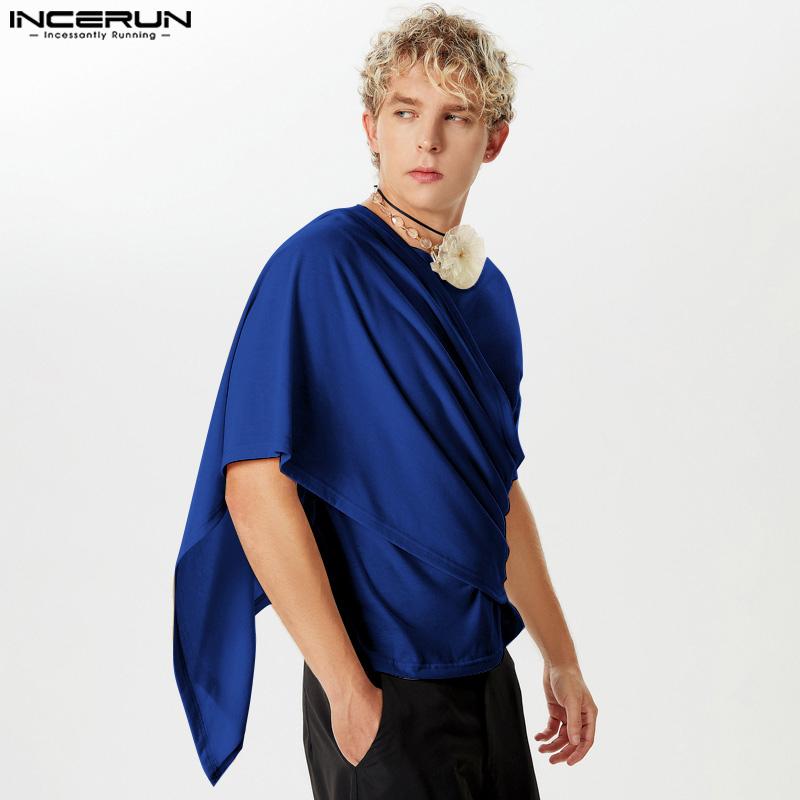INCERUN Мужские нестандартные топы с рюшами, повседневные однотонные футболки из ткани