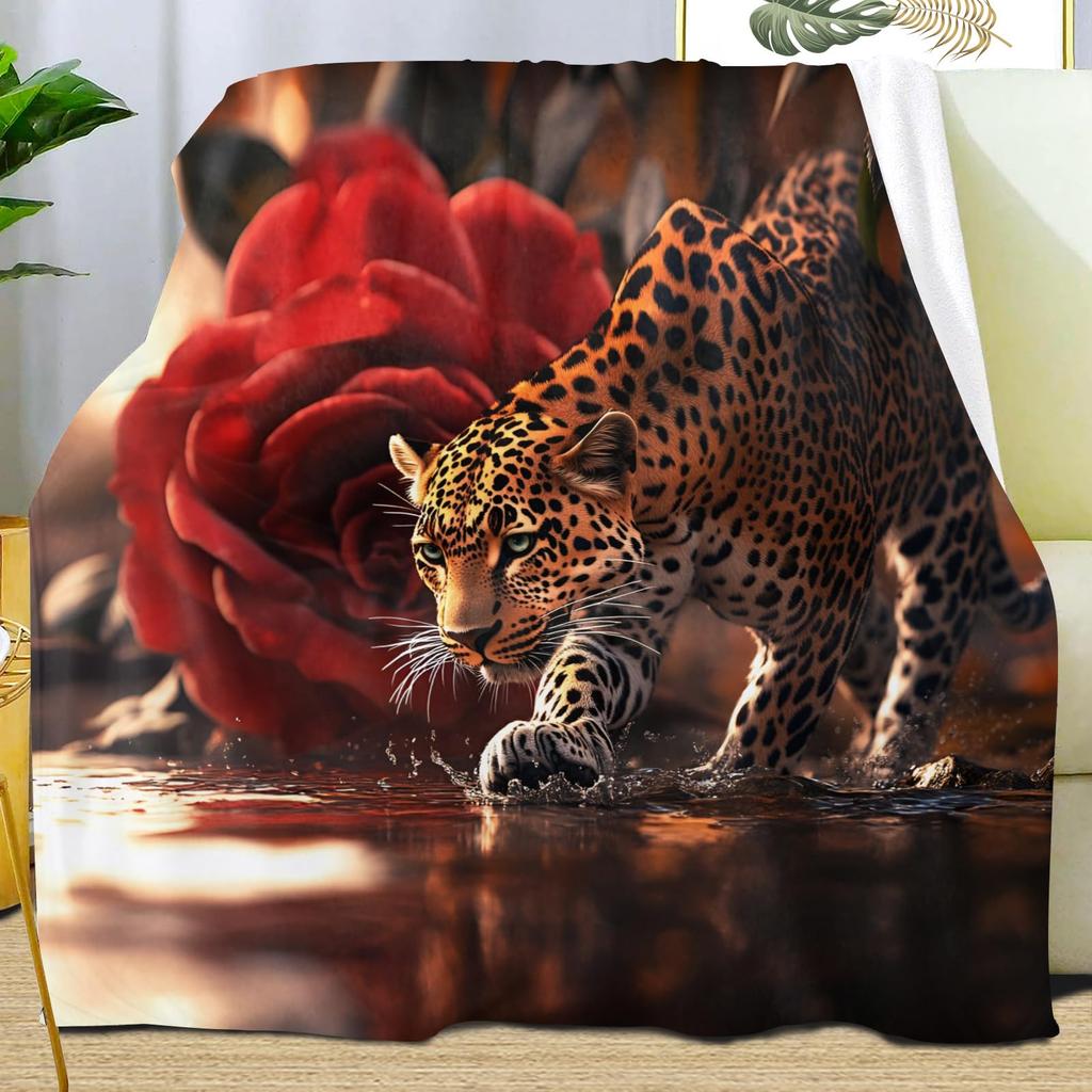 Leopard Print Blanket,Wild Animal Cheetah Throw Blanket,Flower Fleece Blanket for Couch Bed Sofa,Soft Warm Fuzzy Flannel Blanket