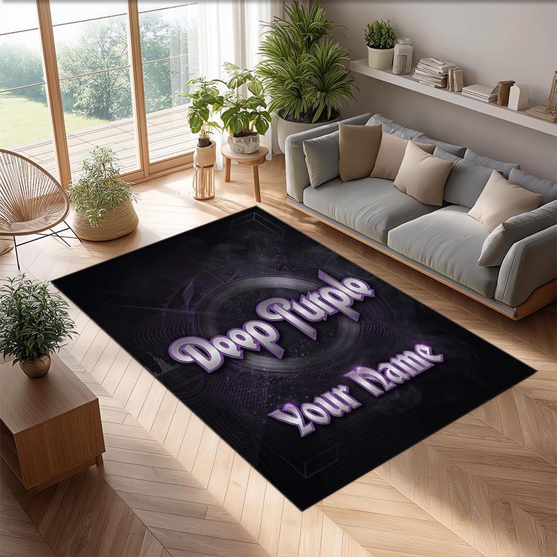 Deep Purple Crystal Velvet Rug, Custom Name Text Personalized Non‑Slip Floor Mat for Home Decor Gift