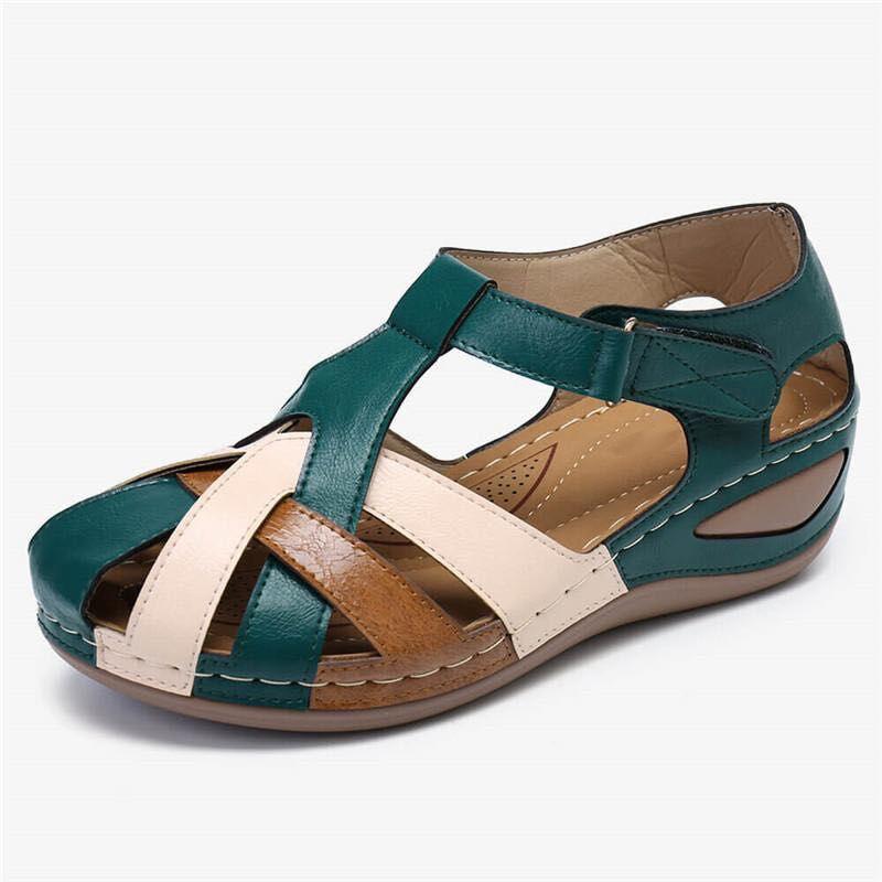 2024 Новые летние женские сандалии Baotou Flat Casual Shoes Slip-On Buckle Strap Sandals Color Block Women's Daily Comfort