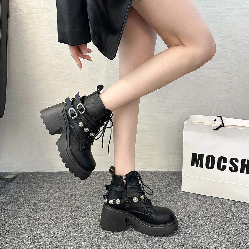 Модные новые женские ботильоны из искусственной кожи, женские осенне-зимние туфли с круглым носком на шнуровке, женские мотоциклетные ботинки на платформе, готическая обувь