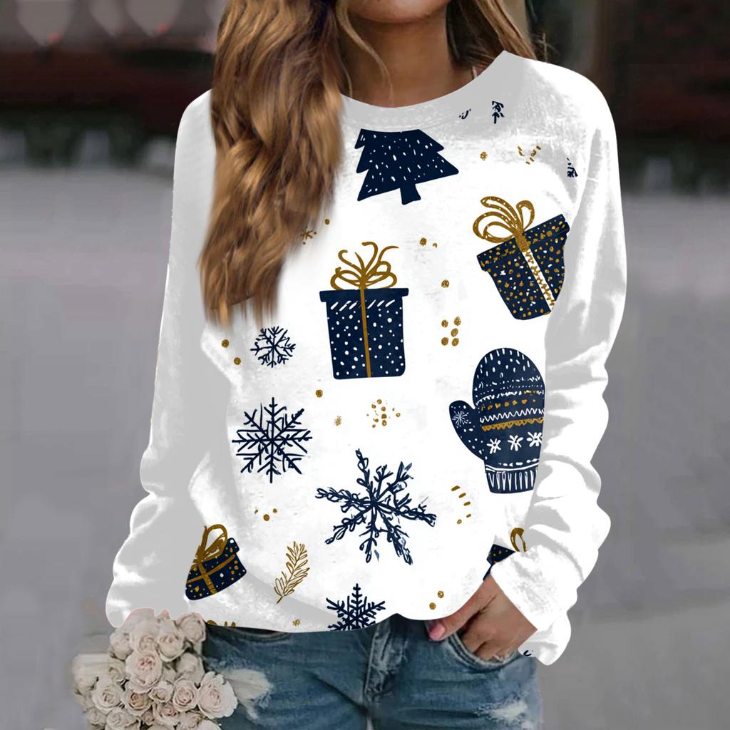 Women's Fashion Casual Long Sleeve Christmas Printed  Neck Sweatshirt Top