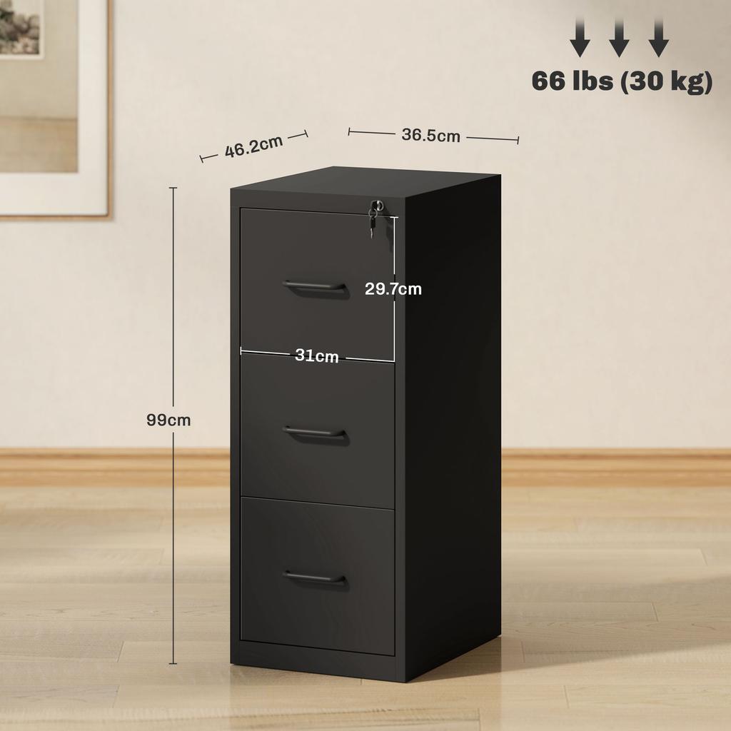 Minimal Document Filing Cabinet with 3 Drawers with Adjustable Bar, in Steel, 36.5x46.2x99 cm, Black
