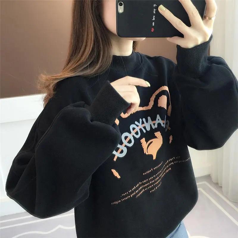 Утолщенный хлопковый свитер, женский осенний свободный топ с полувысоким воротником и мягким принтом, теплый и удобный пуловер, повседневные топы
