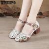 Retro Ethnic Sandals Women Genuine Leather Thick Heel Soft Sole Wrapped Toe Anti-skid Hollow Middle-aged Mother Shoes Middle Heel Hole Shoes