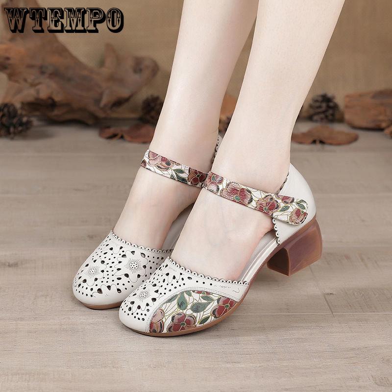 Retro Ethnic Sandals Women Genuine Leather Thick Heel Soft Sole Wrapped Toe Anti-skid Hollow Middle-aged Mother Shoes Middle Heel Hole Shoes
