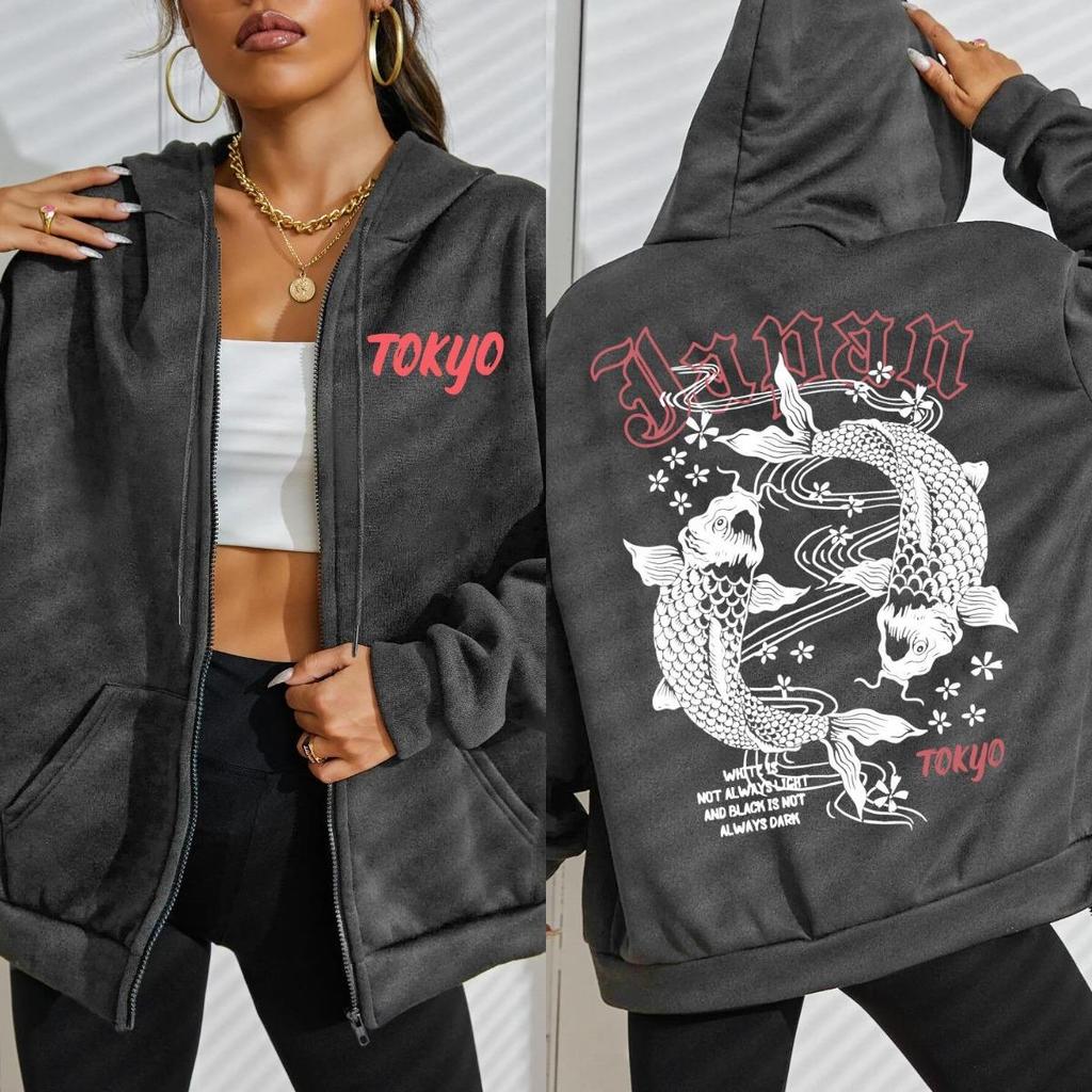 Япония Токио Харадзюку Худи с принтом карпов кои Женские Мягкие Спортивные Костюмы Уличные Толстовки на Молнии Осень Флис Повседневная Спортивная Одежда