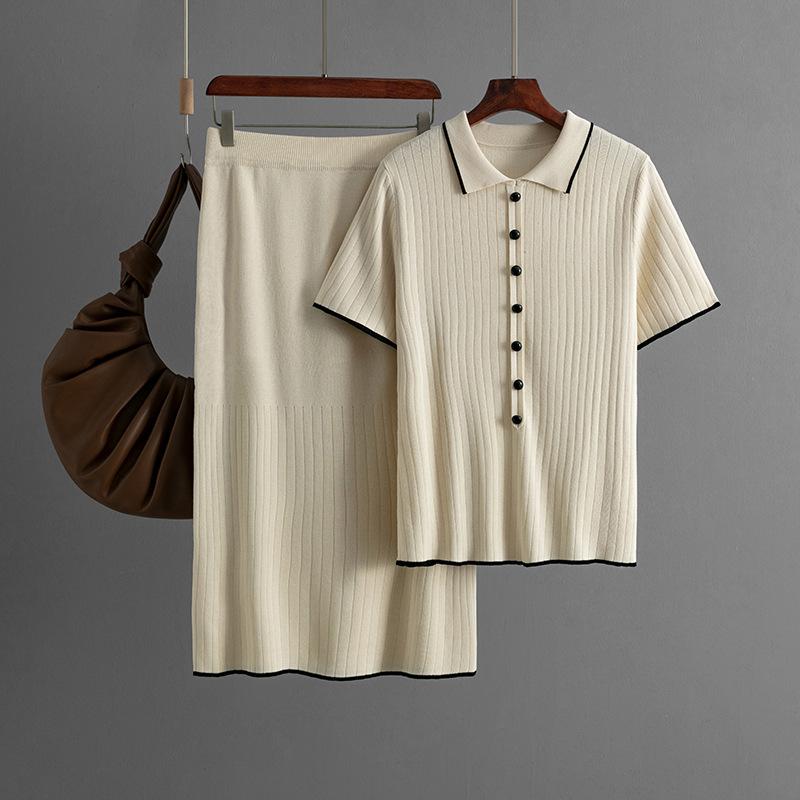 Женский новый летний костюм из двух частей с воротником-поло и трикотажной юбкой