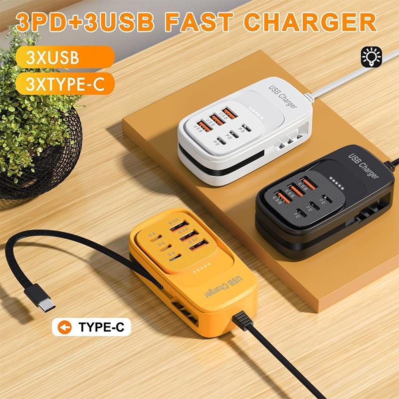 6 in 1 Fast USB Charger Power Strip Desktop Charging Station 1PD 1USB EU US Plug USB HUB Adapter Socket for Mobile Phones Charge