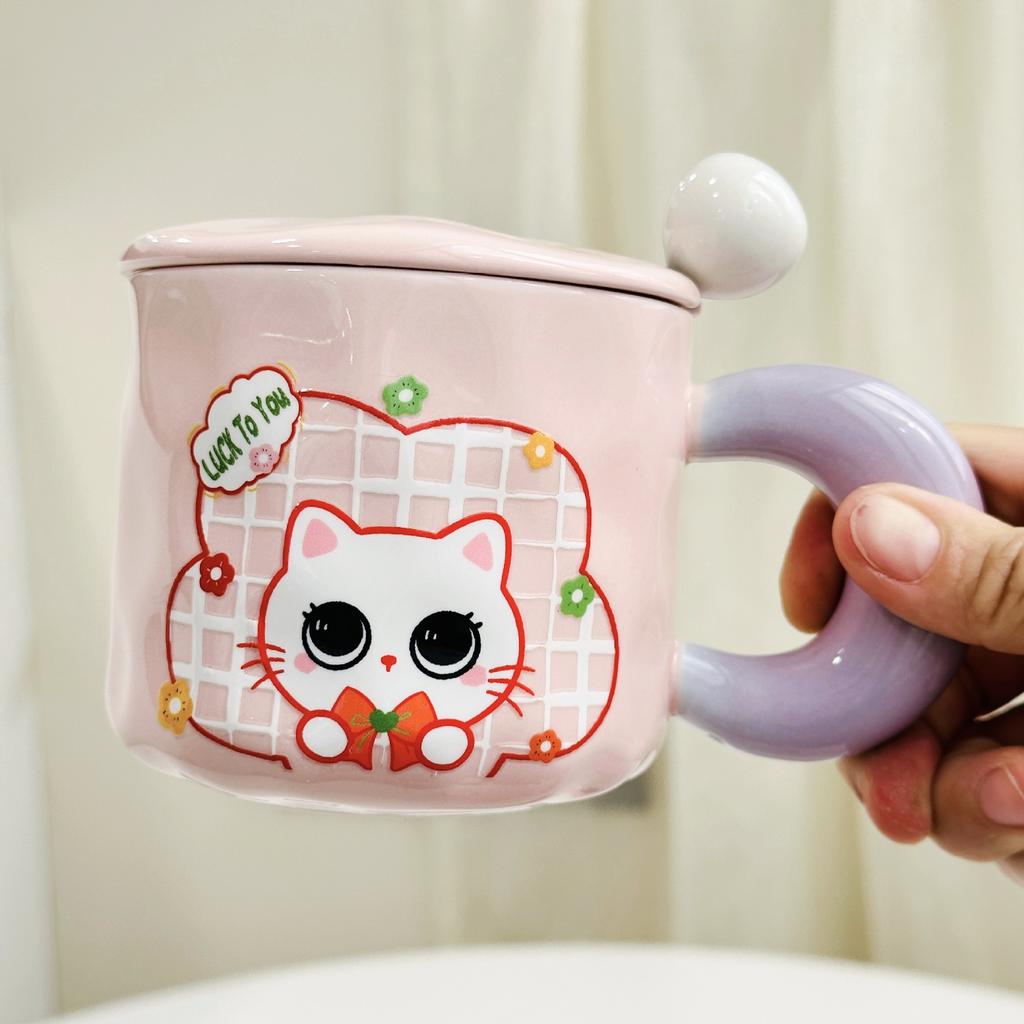 Small Fresh Cat Ceramic Cup for Home Use High Value Cartoon Mug with Cover Spoon Wedding Souvenir Gift Cup