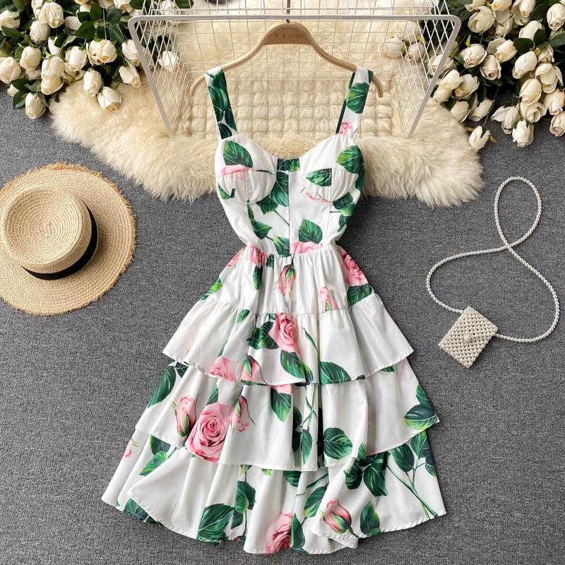 Ladies Elegant Printed Printed Dress Summer New Slim Short Multi-layer Ruffled Holiday Sling