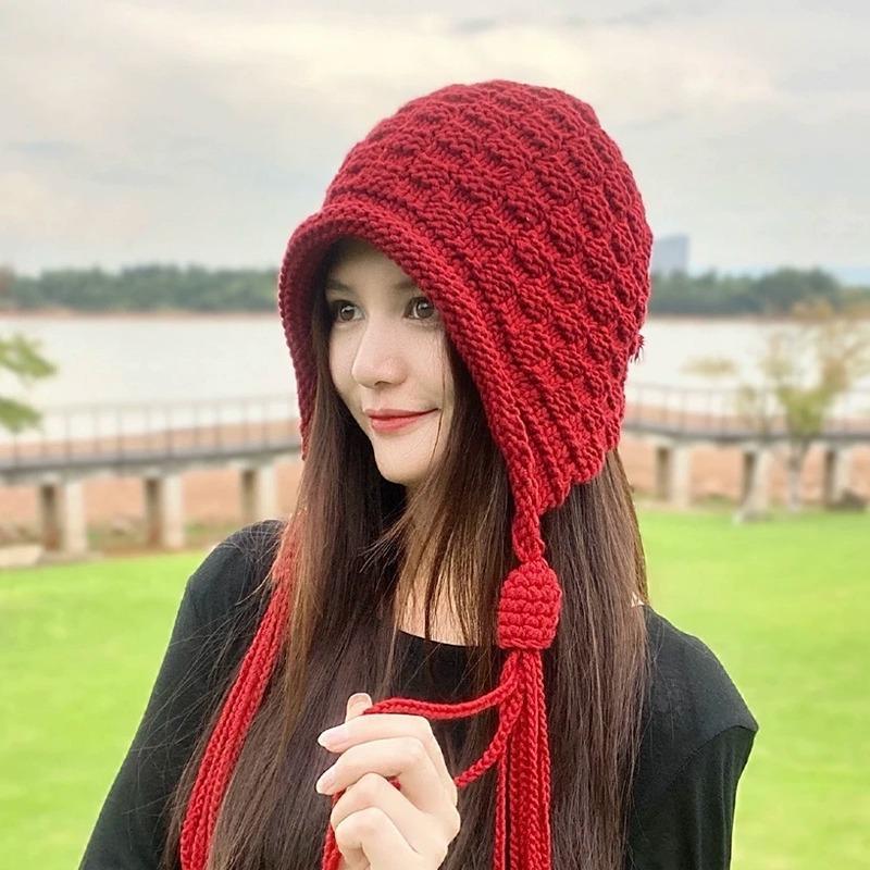 Tassel wool hat women's autumn and winter warm ear protection red knitted hat sweet versatile pullover cold hat