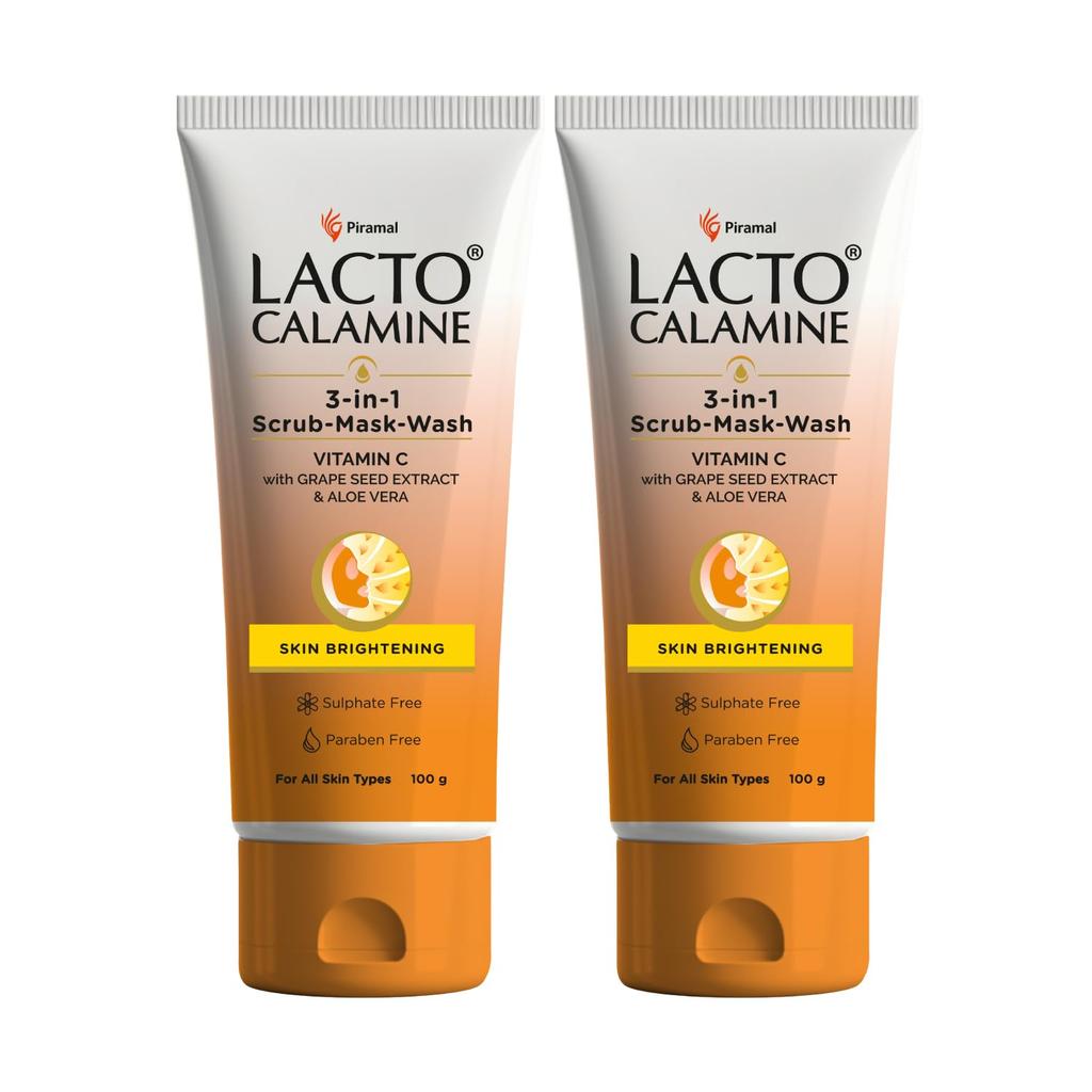 Lacto Calamine 3-in-1 Vitamin C Face Scrub Mask Wash 100ml X Pack of 2 for Skin Brightening Glow