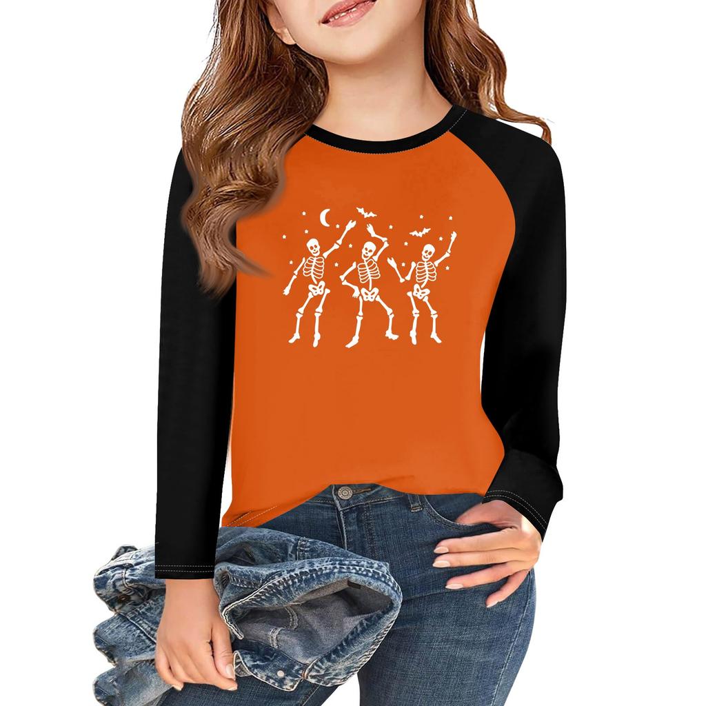 Футболки с длинным рукавом для девочек на Хэллоуин, детские осенние топы с круглым вырезом, базовые футболки 5-14 лет