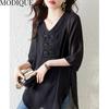 MODIQUE, летние большие размеры, женская хлопково-льняная шифоновая блузка, рубашки, однотонные летние пальто, большие размеры, с v-образным вырезом и половиной рукавов, на пуговицах
