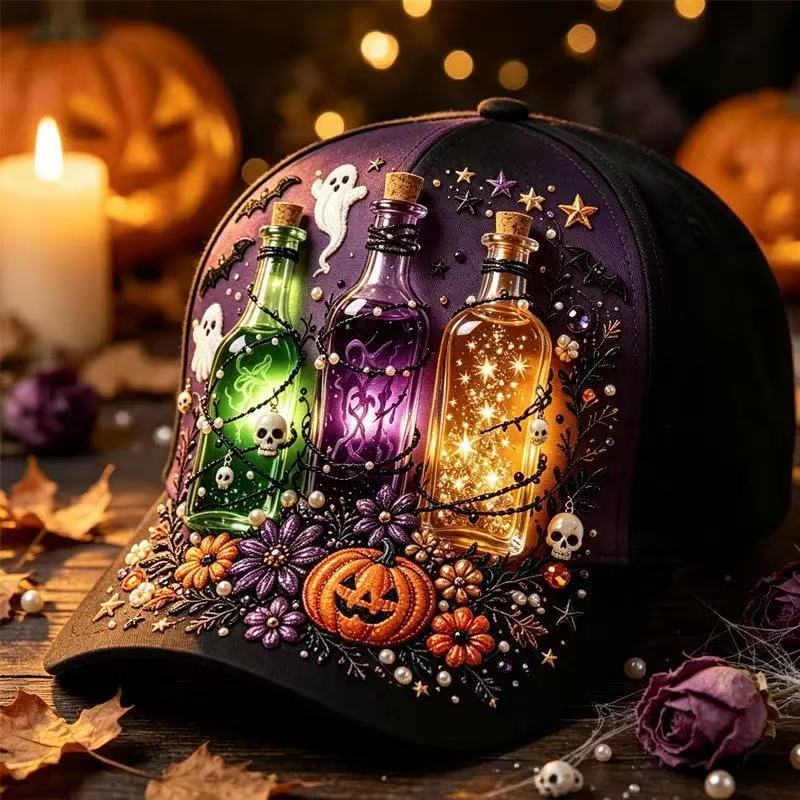 New Dark Pumpkin Big Brim Ghost 3D Printed Hat Vintage Gothic Halloween Baseball Cap