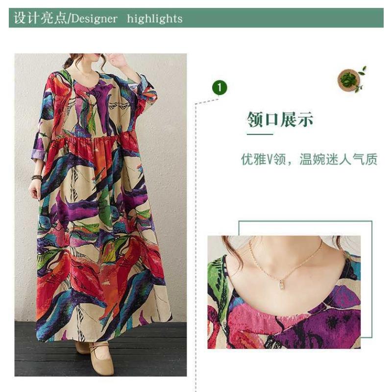 Круглый вырез Свободное Платье Литературное Плюс Сайз с Длинным Рукавом