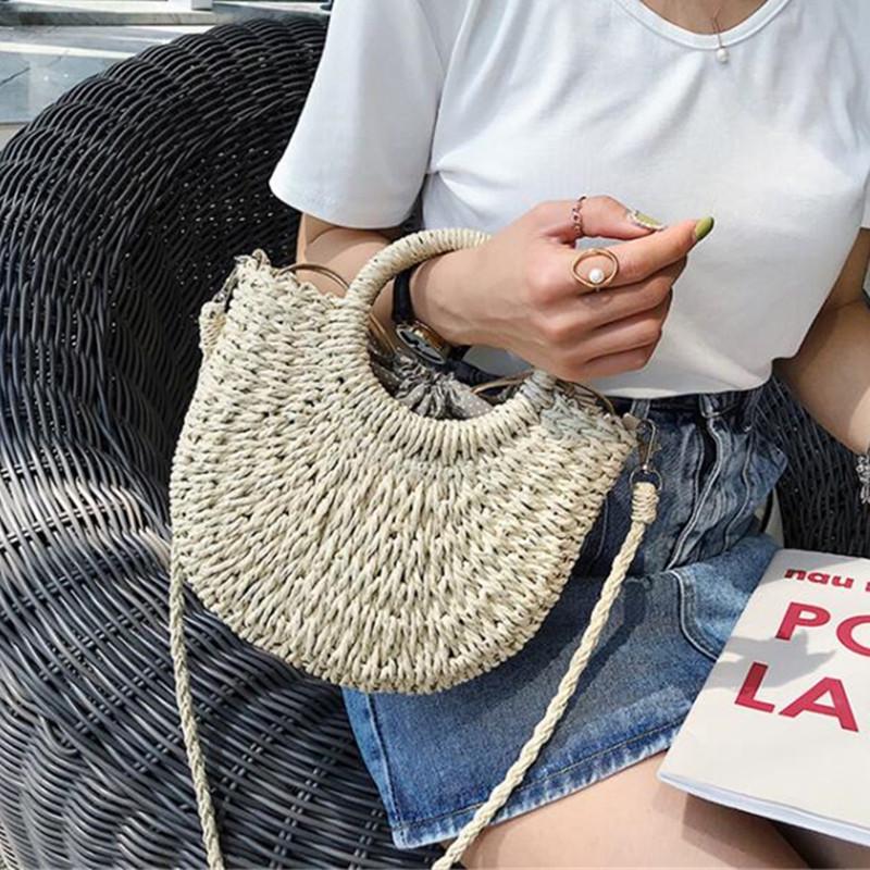 Полукруглая плетеная соломенная пляжная сумка из ротанга, летние женские сумки через плечо