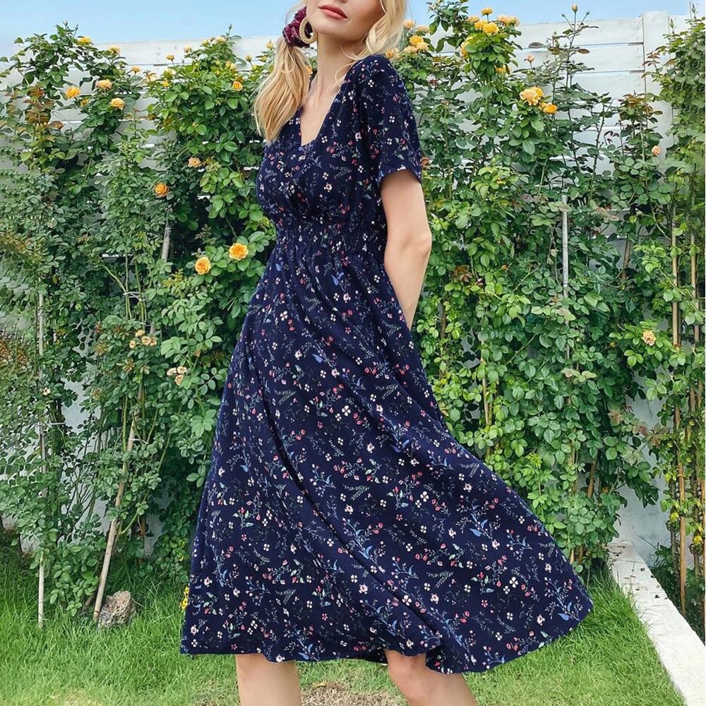 Lapa Женское богемное платье миди трапециевидной формы в стиле бохо с V-образным вырезом и цветочным принтом