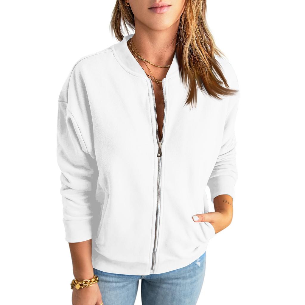 Women's Casual Sweatshirt Solid Color Zipper Jacket Long Sleeve Loose Coat With Pocket