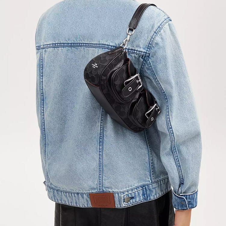 COACH Ashton Iconic Denim With Smooth Leather One Shoulder Handbag Medium Women's Black CQ184-SVBK