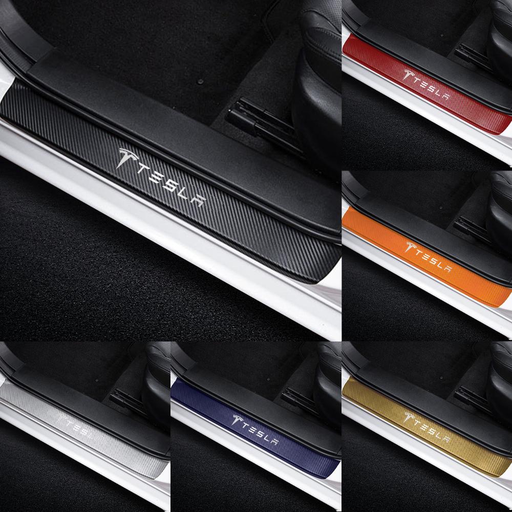 DHKOR1 4Pcs Car Door Sill Stickers Carbon Fiber Decal Badge For Tesla Model 3 Model S Model X Coil Mod WYE K80 Roadster Auto Styling