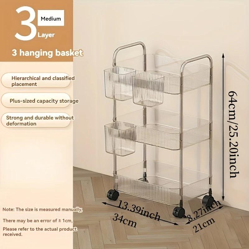 3Tier Clear Storage Cart with Wheels: Multifunctional Rolling Organizer for Home and Office, Ideal for Bedroom, Living Room