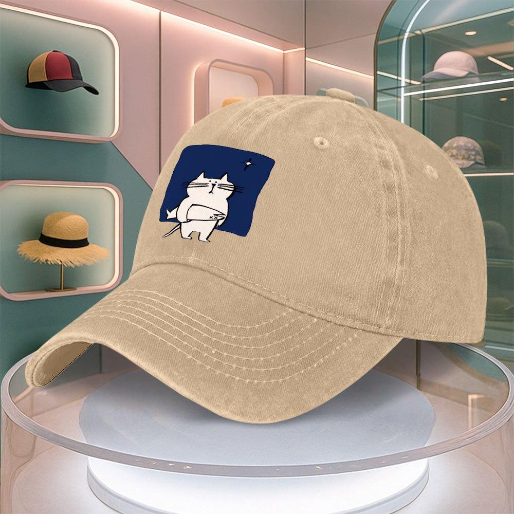 White Cat Holding Fish Minimalist Baseball Cap For Men Women Vintage Curved Brim Dad Hat Adjustable Duckbill Cap