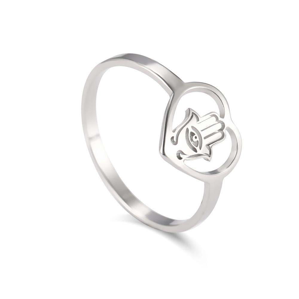Evil Eye Hamesh Hamsa Hand Heart Ring Women Amulet Lucky Fatima Palm Stainless Steel Casual Rings Jewelry Birthday Gift
