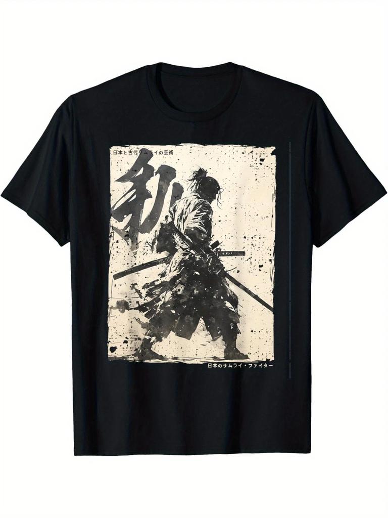 Футболка с графикой Воин Самурай Меч Японская Каллиграфия Streetwear