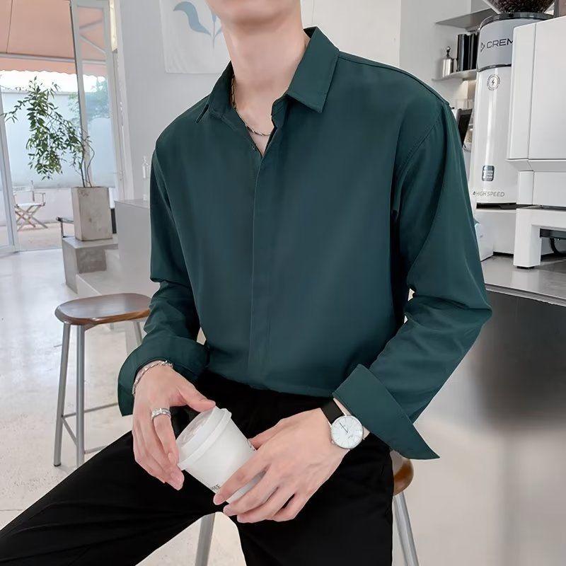 Korean Long Sleeve Shirt Men Fashion Loose Business Casual White Shirt Men's Button Design Top Large Comfortable Shirt