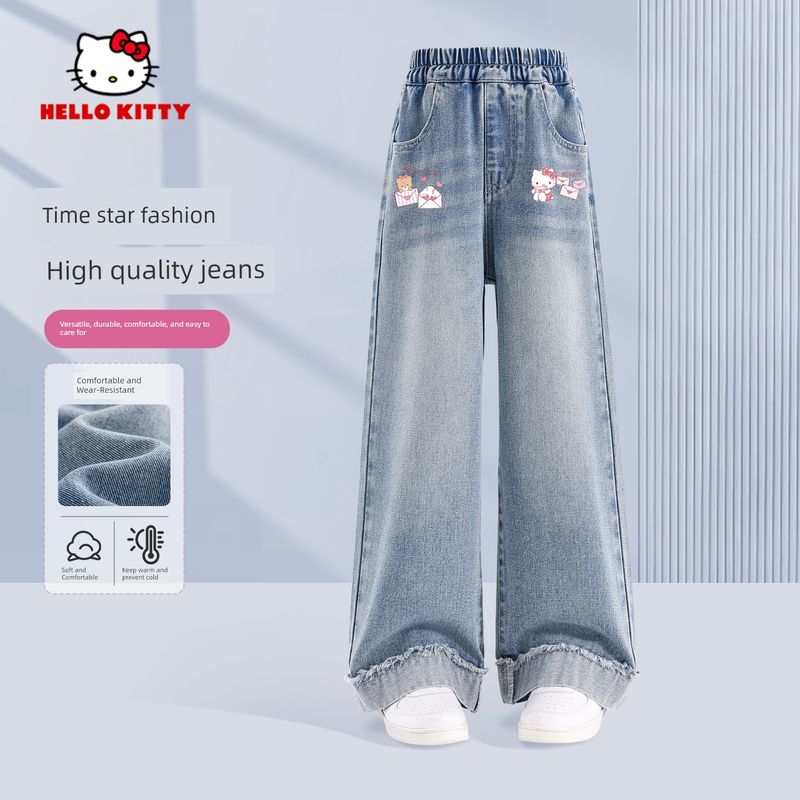 Hello Kitty Girls' Jeans Spring and Autumn 2026 New Style Children's Pants Fashionable Trendy Children's Clothing Spring Wear