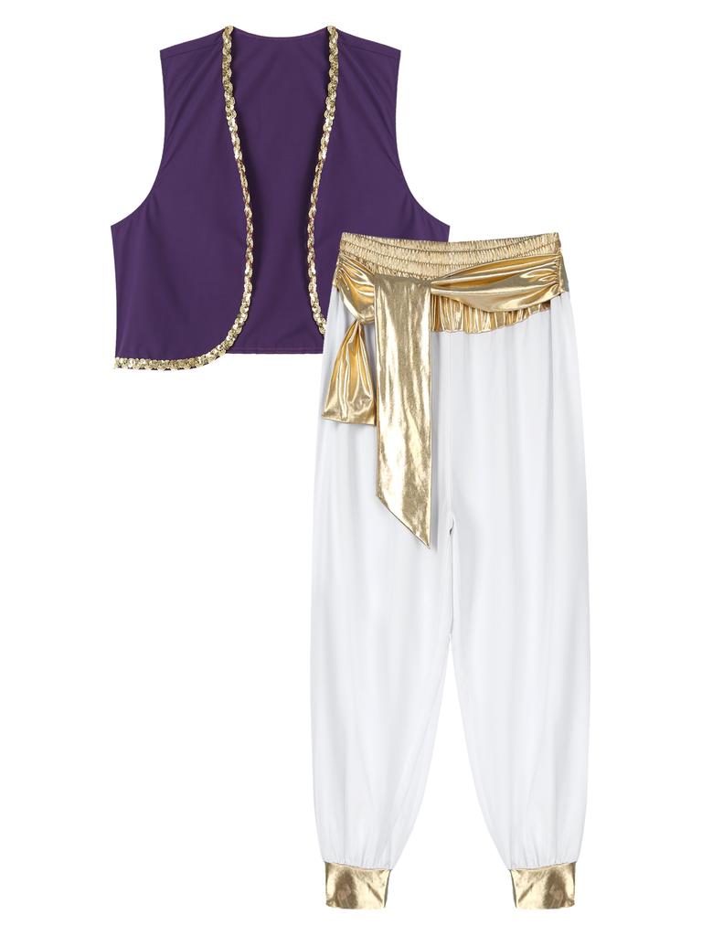 Mens Halloween Party Costume Sequin Trim Waistcoat Belted Pants Role Play Stage Performance Outfit