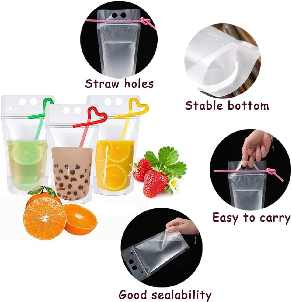 50 Pcs Drink Pouches Juice Bags Reusable Drink Cocktail Smoothies Pouches For Party Summer Fun Bags For Drink With 50 Straws
