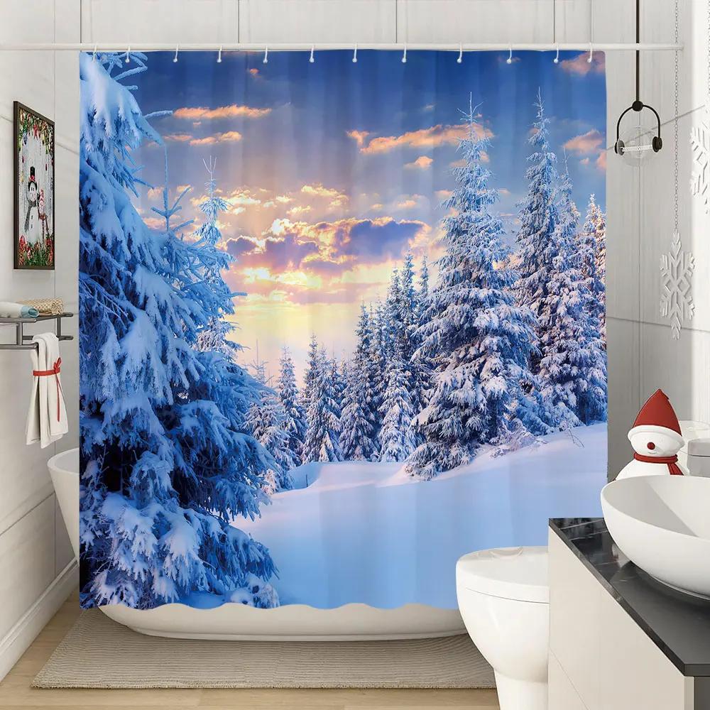 Зимняя Рождественская Занавеска для Душа Рождественский Олень Природа Лес Снежный Пейзаж Фермерский Дом Занавеска для Ванной Полиэстеровая Ткань Декор для Ванной