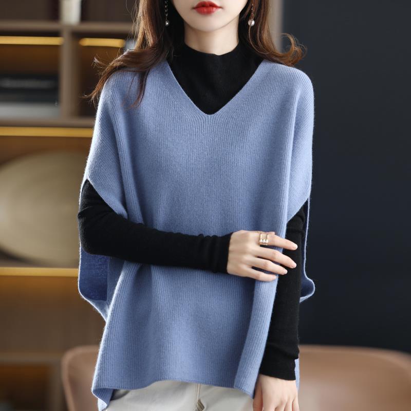 Autumn Winter Women's Knitted Vest V-neck Bat Sleeves Loose Sleeveless Sweater Knitted Vest