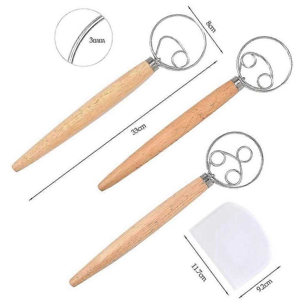 3 Pack Danish Dough Whisk Bread Mixer,Dutch Whisk with Dough Scraper for Bread,Pastry or Pizza Dough,Sourdough Bread,Etc