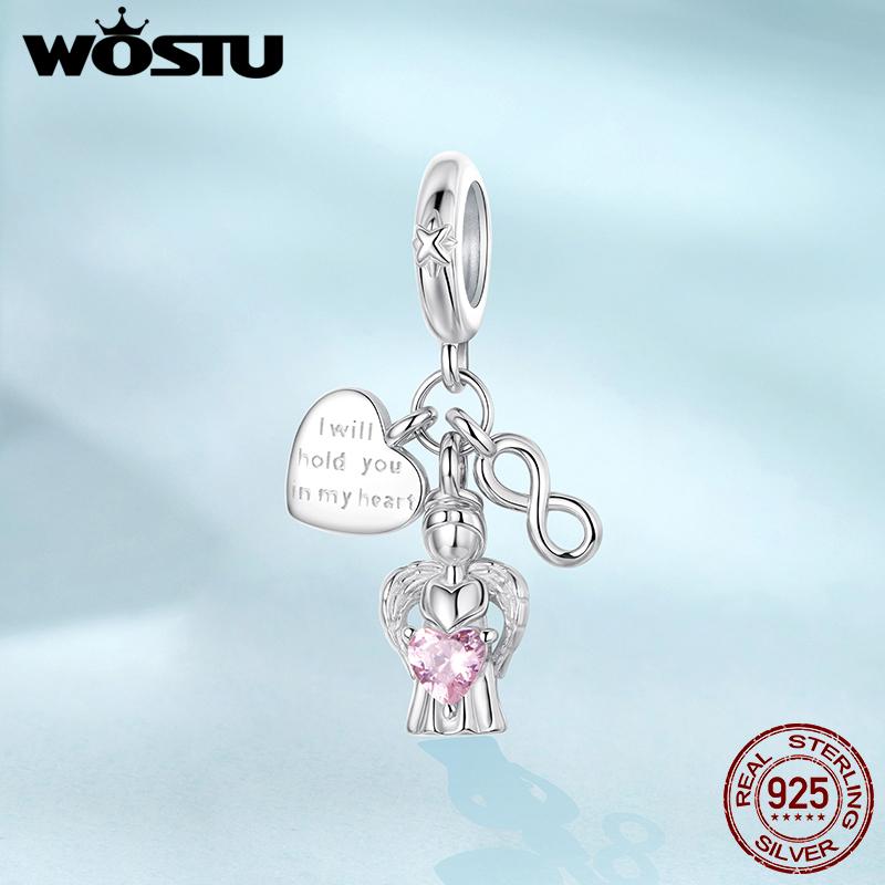 WOSTU Религиозная серия Шармы-молитвы из стерлингового серебра 925 пробы Подвеска Ангел-хранитель Красное сердце Бусина Подходит для браслета DIY Изготовление ювелирных изделий