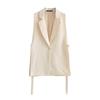 Women Vest Coat Turn-down Collar Sleeveless Loose Solid Color Single Button Cardigan Strap Decor Mid Length Commute Formal Suit Waistcoat
