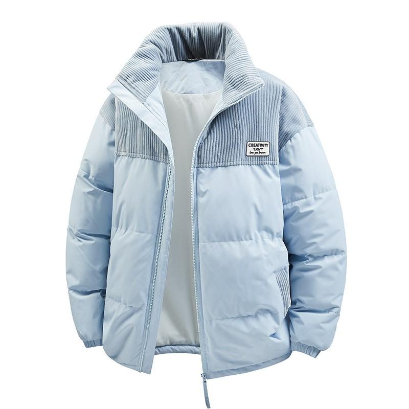 Mens Winter Puffer Jacket Thick Cotton Coat Color Block Corduroy Stand Collar Short Length Teens
