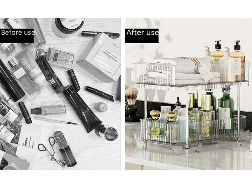 Двухъярусная выдвижная полка для хранения косметики и кухонных принадлежностей с прозрачными ящиками