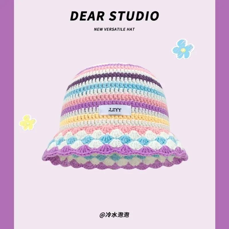 Fashion Dopamine Color Matching Striped Knitted Women's Cap Autumn and Winter Warm Casual Versatile Show Face Small Bucket Hat