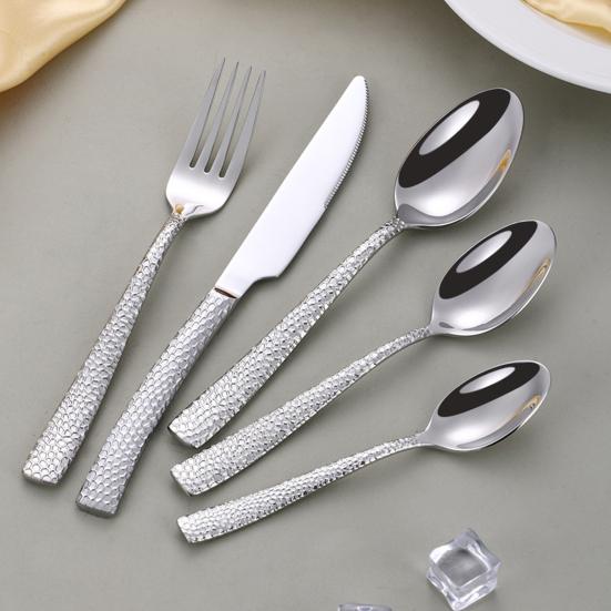 Western Food Tableware Stainless Steel Serrated Steak Knife Sharp Fork Tines Curved Spoon Dishwasher Safe Hammered Texture