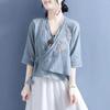 2024 Women's Chinese Style Zen Cotton-Linen Embroidered Slant-Breasted Mid-Sleeve Lace-Up Top