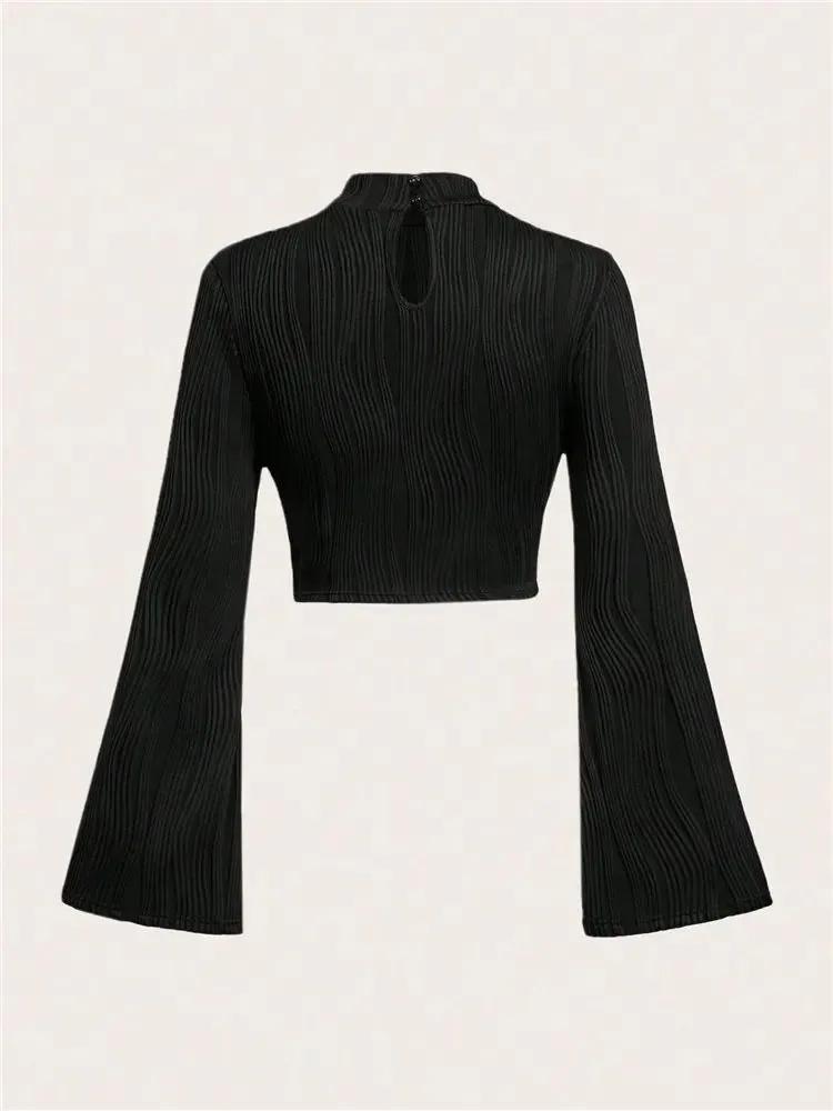 Long Sleeve Crop Top Phumee Textured Mock Neck Solid Color A1144