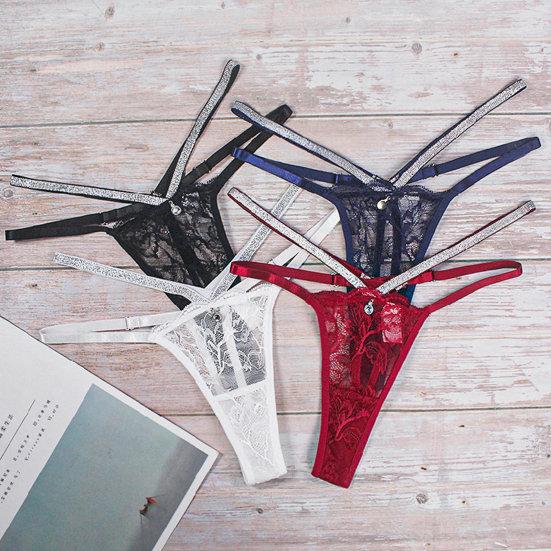 Women G-string Shiny Sequin Contrast Color Hollow Out See-through Adjustable Straps
