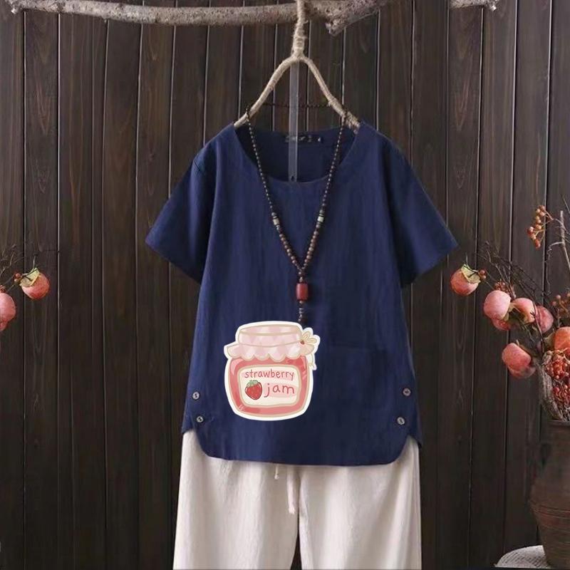 Футболка из хлопка и конопли с принтом Cartoon Can и V-образным вырезом для женщин - летняя легкая мода 2025 года